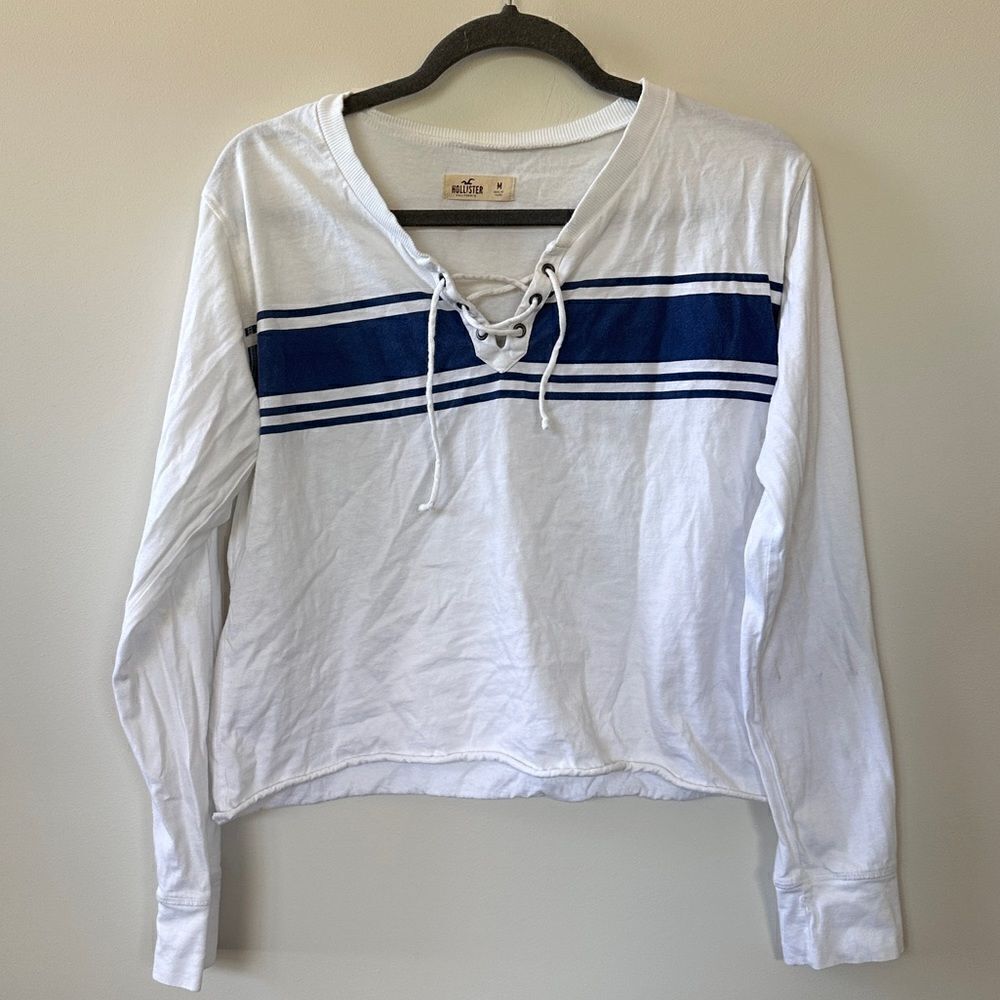 Hollister White Navy Striped Long Sleeve Lace Up Neck Crop Shirt M - Picture 5 of 12